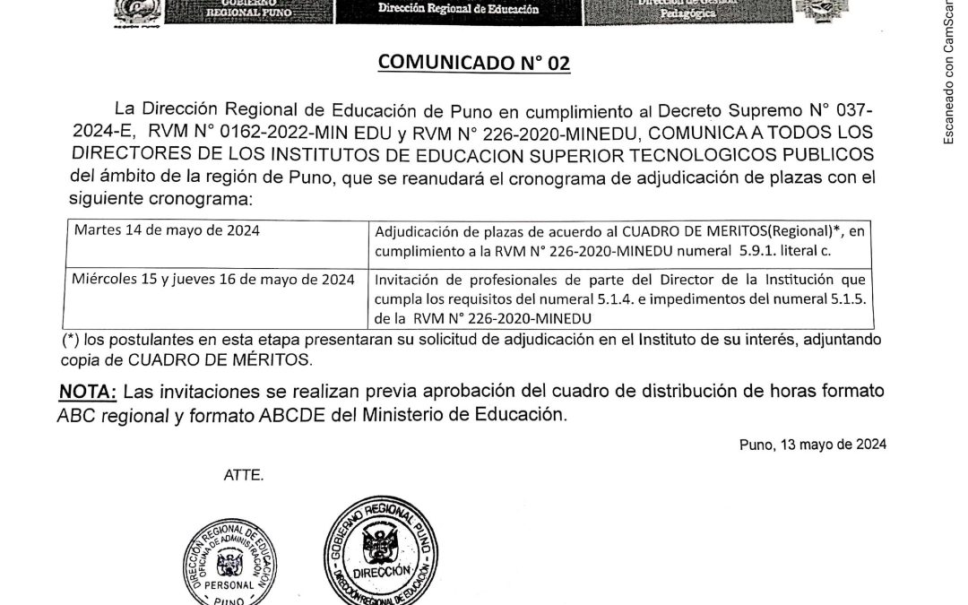 Comunicado a todos los directores de los IESTP de la región de Puno